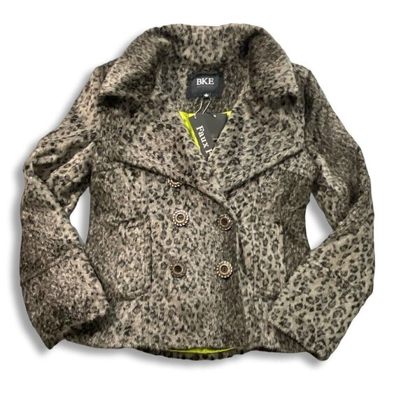 BKE Jacket Womens L Peacoat Double Breasted Gray Faux Fur Animal Print Cheetah - Picture 1 of 11